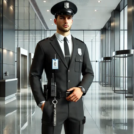 DALL·E 2024-12-06 13.55.33 - A realistic depiction of a modern security guard standing in a professional posture, wearing a formal uniform with a single badge, a cap, and equipped